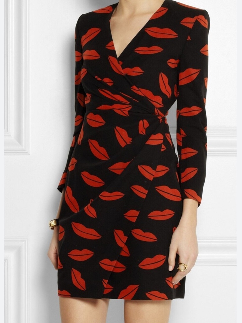 NWOT Saint Laurent Black and Red Lip Print Wrap Dress - Picture 4 of 12